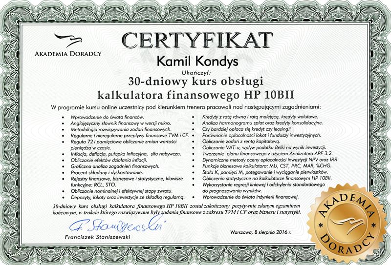 Certyfikat 30-dniowego kursu obsługi kalkulatora finansowego HP 10BII